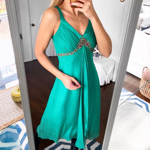 🦚 MONSOON TEAL GREEN BEADED FESTIVE SILK DRESS! - Picture 2 of 16